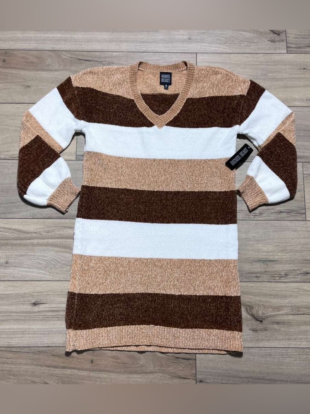 Derek‎ Heart Chenille Striped Sweater Dress V-Neck Long Sleeve Brown Tan Cream M